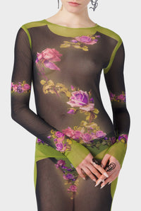 Robe Flower imprimée en tulle - Green & Black