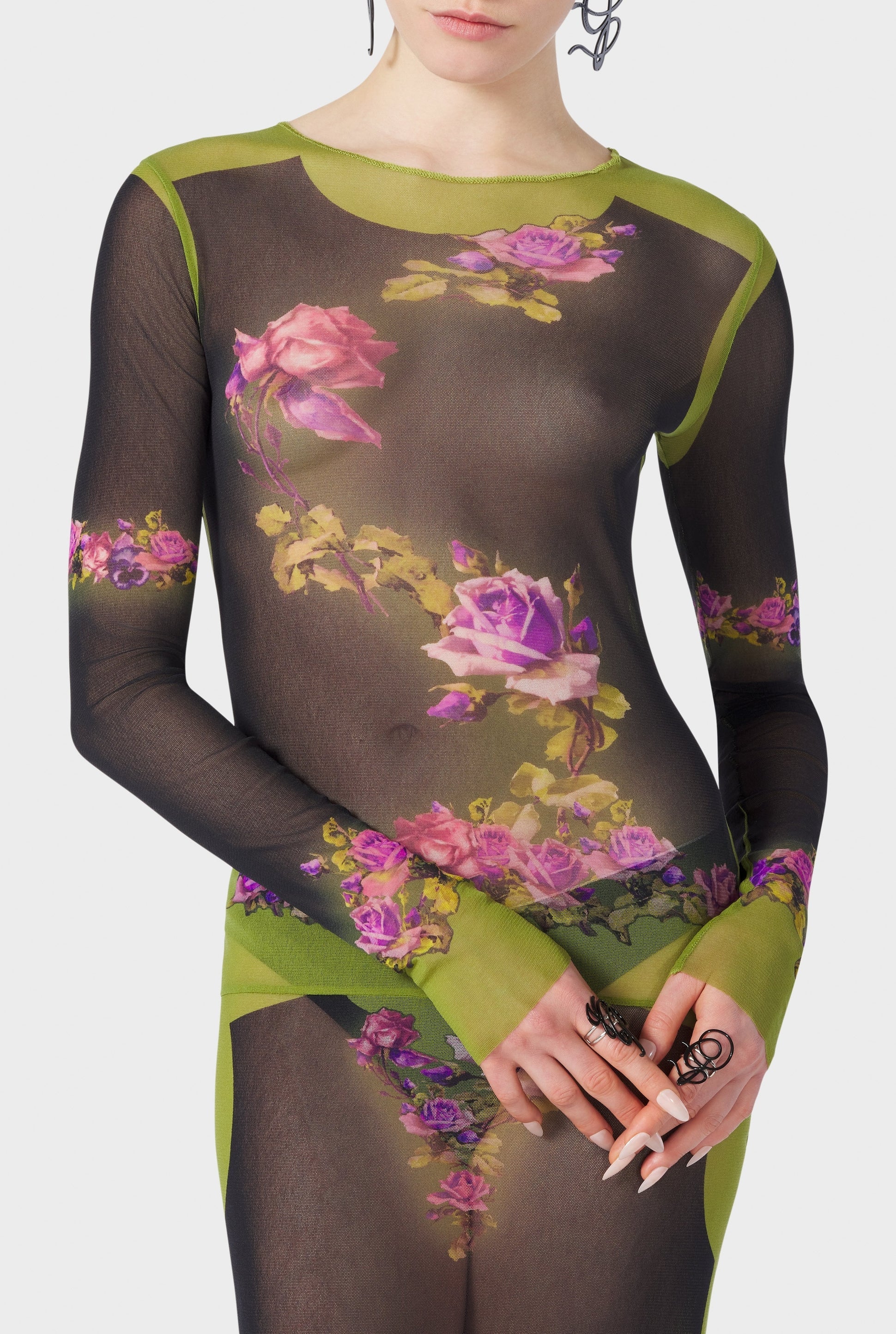 Robe Flower imprimée en tulle - Green & Black