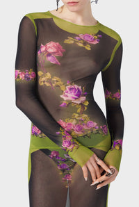 Robe Flower imprimée en tulle - Green & Black