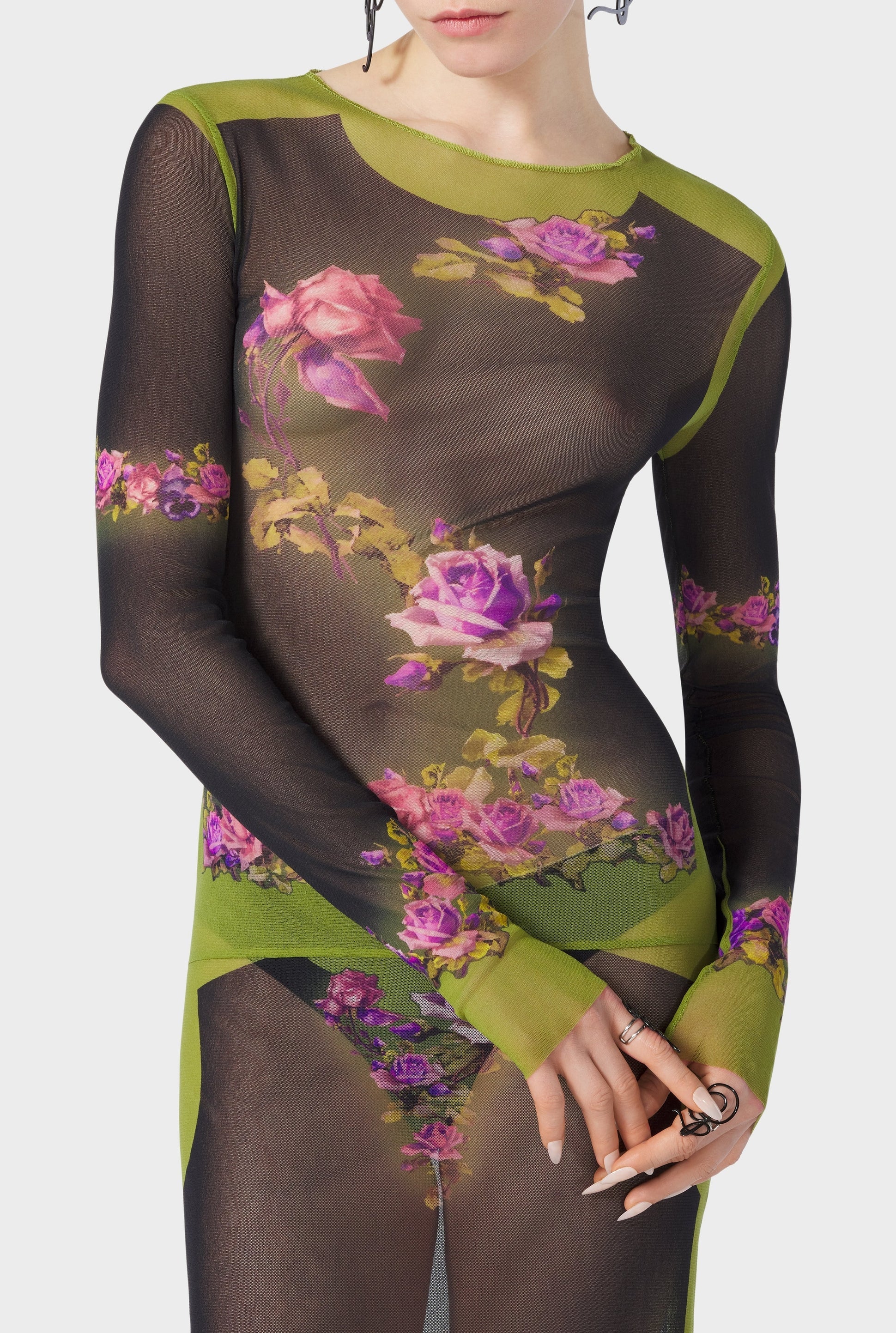Robe Flower imprimée en tulle - Green & Black