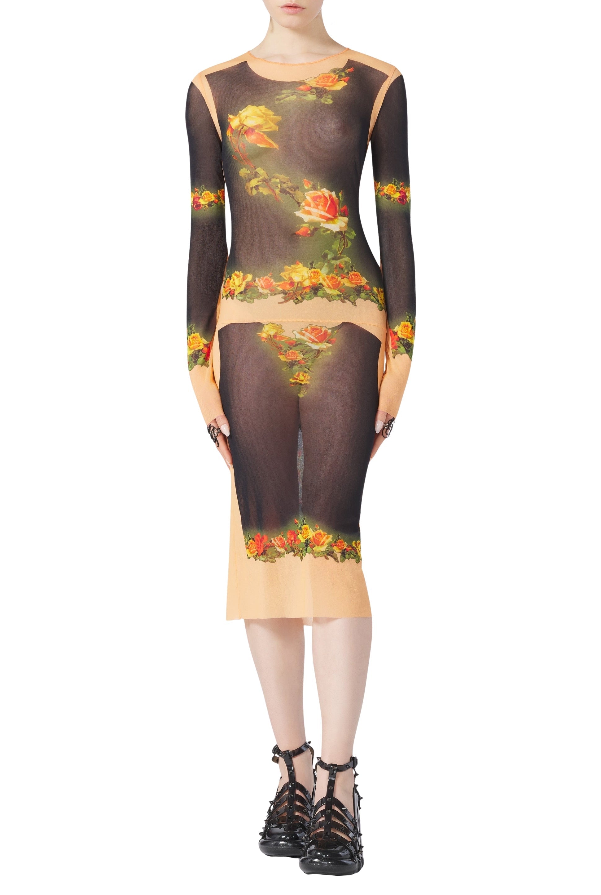 Robe Flower imprimée en tulle - Beige & Black