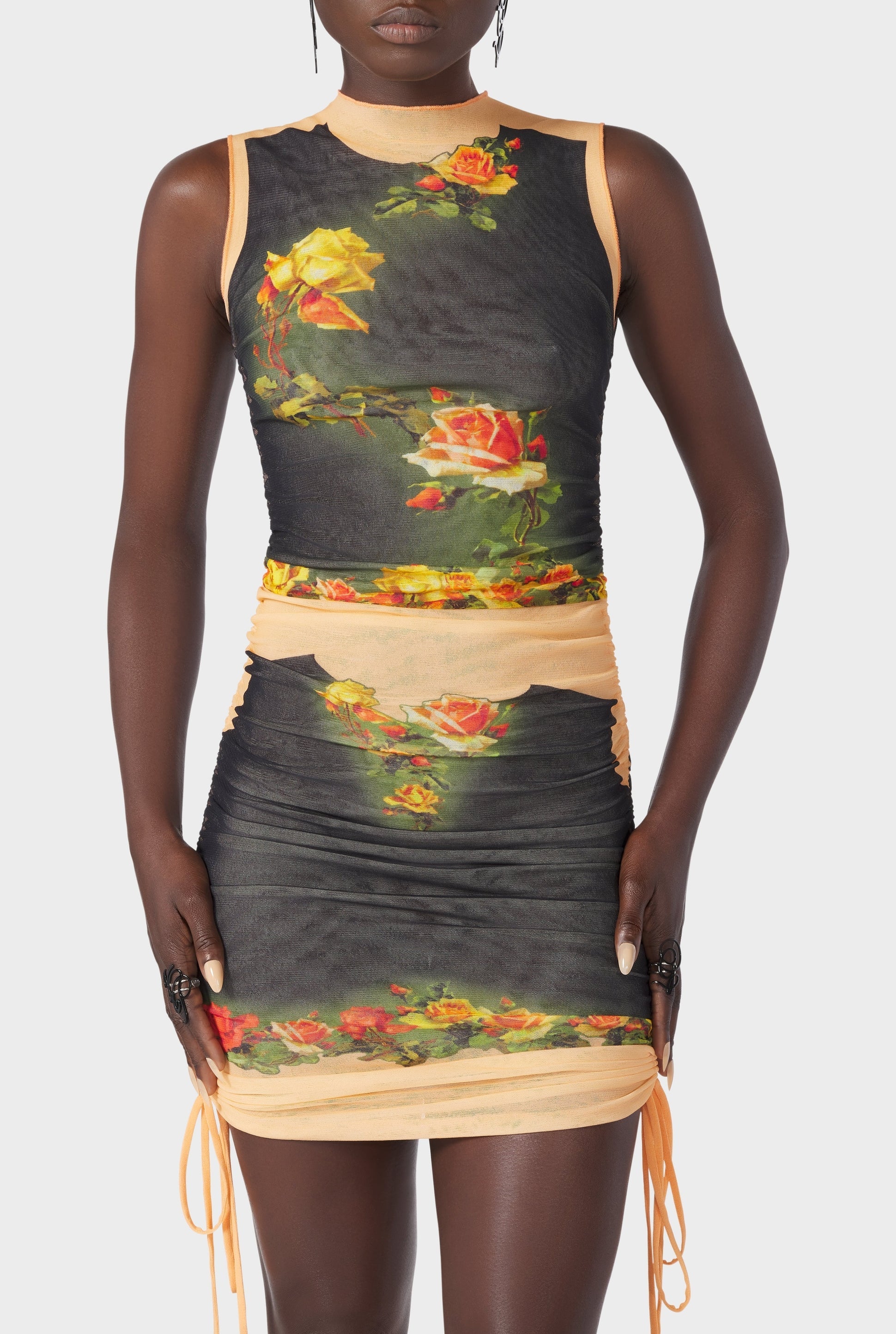Robe courte Flower drapée en tulle - Beige & Black