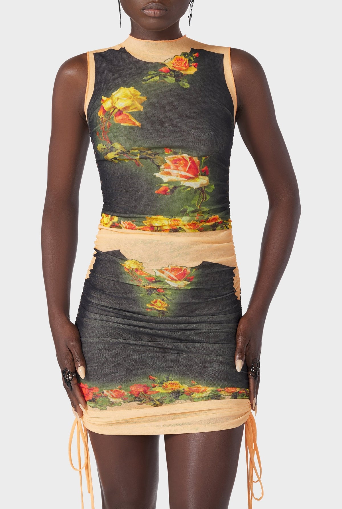 Robe courte Flower drapée en tulle - Beige & Black