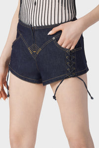 Short Flower à lacets en denim - Indigo