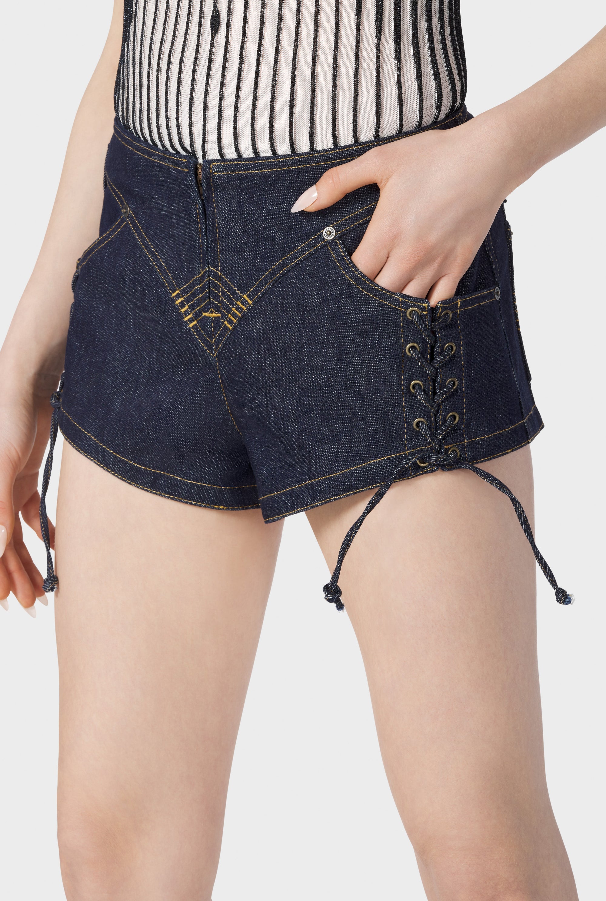 Short Flower à lacets en denim - Indigo