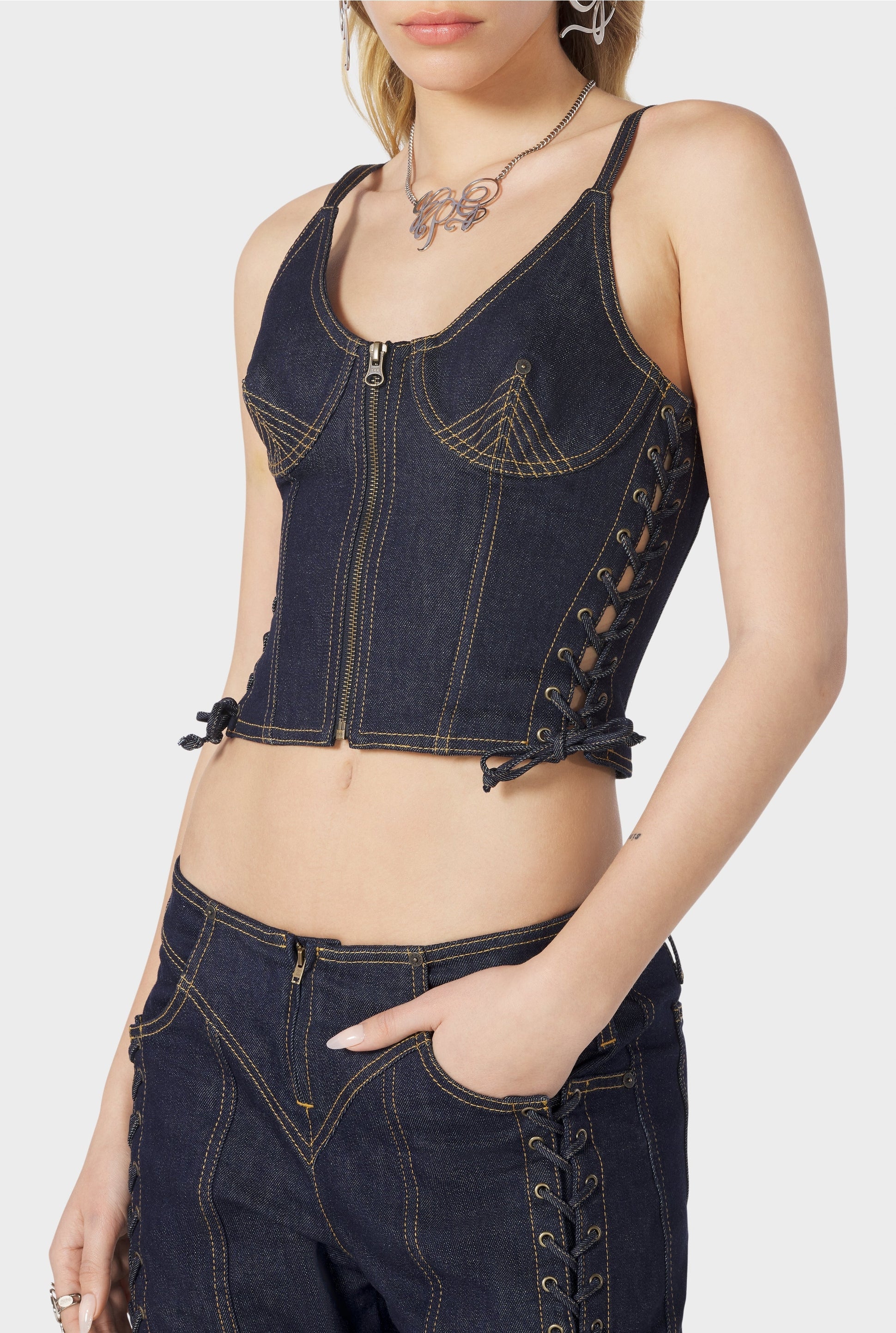 Top Flower à lacets en denim - Indigo
