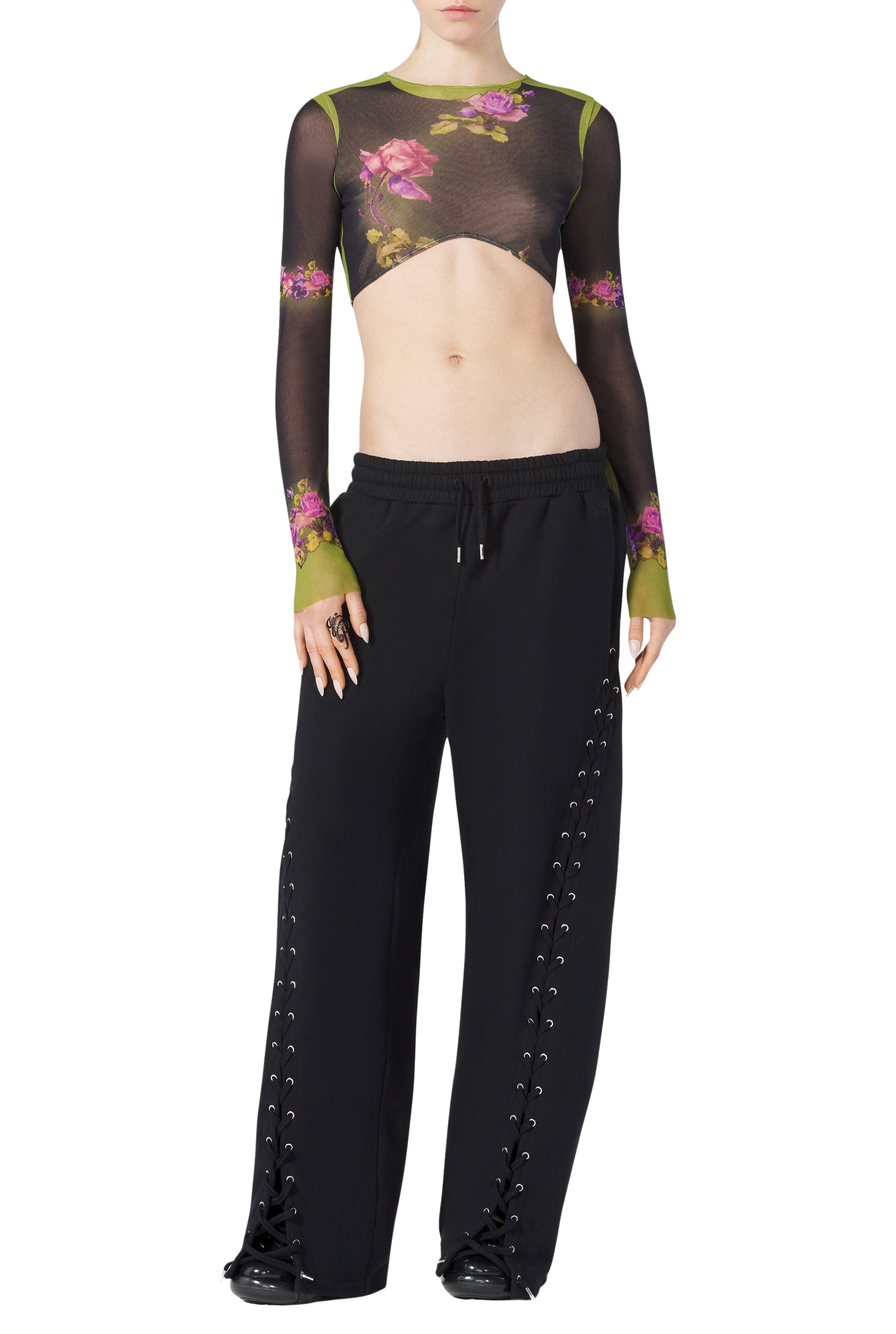 Top court Flower imprimé en tulle - Green & Black