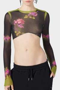 Top court Flower imprimé en tulle - Green & Black