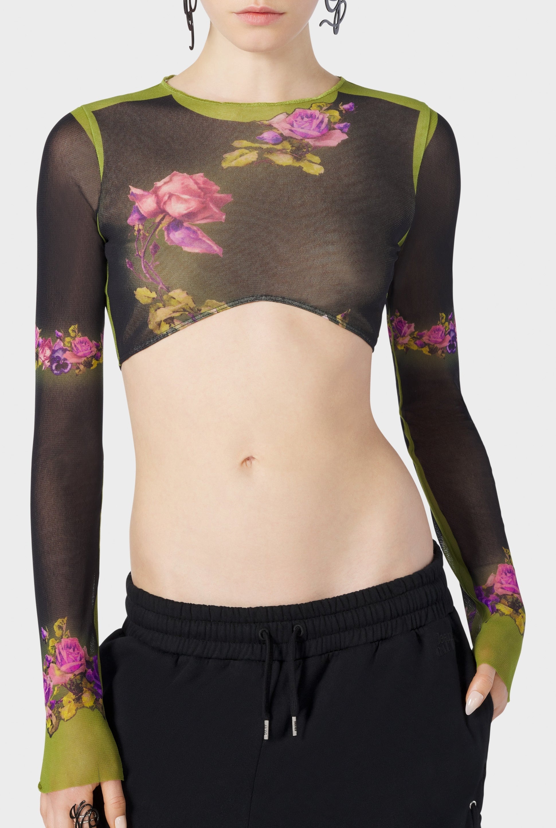Top court Flower imprimé en tulle - Green & Black