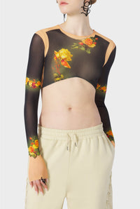 Top court Flower imprimé en tulle - Beige & Black