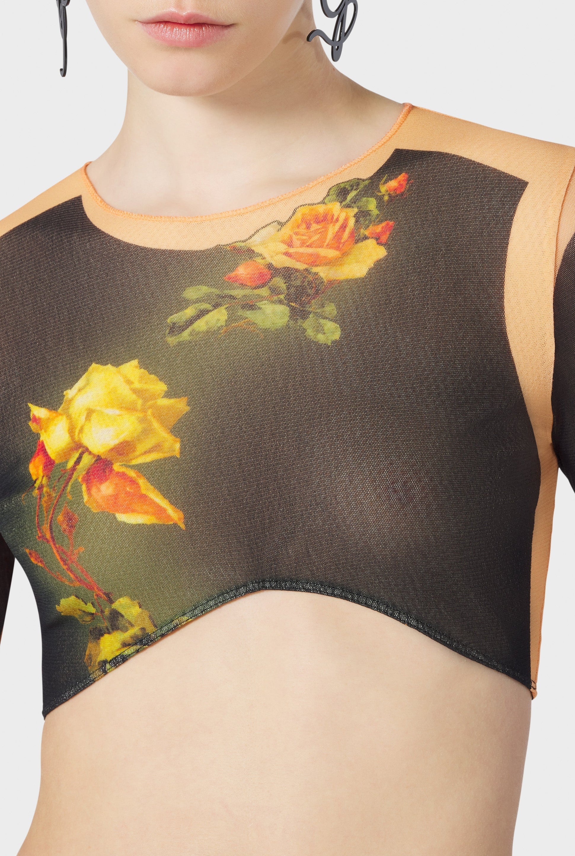 Top court Flower imprimé en tulle - Beige & Black