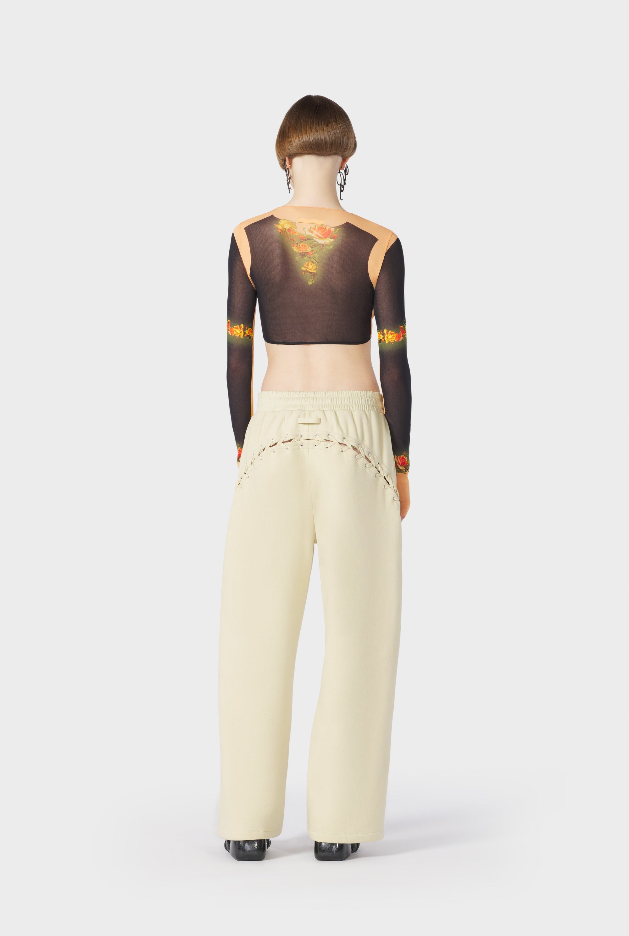 Top court Flower imprimé en tulle - Beige & Black