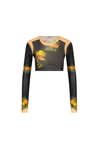 Top court Flower imprimé en tulle - Beige & Black