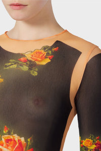Unisex Flower print tulle top - Beige & Black