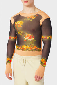 Unisex Flower print tulle top - Beige & Black
