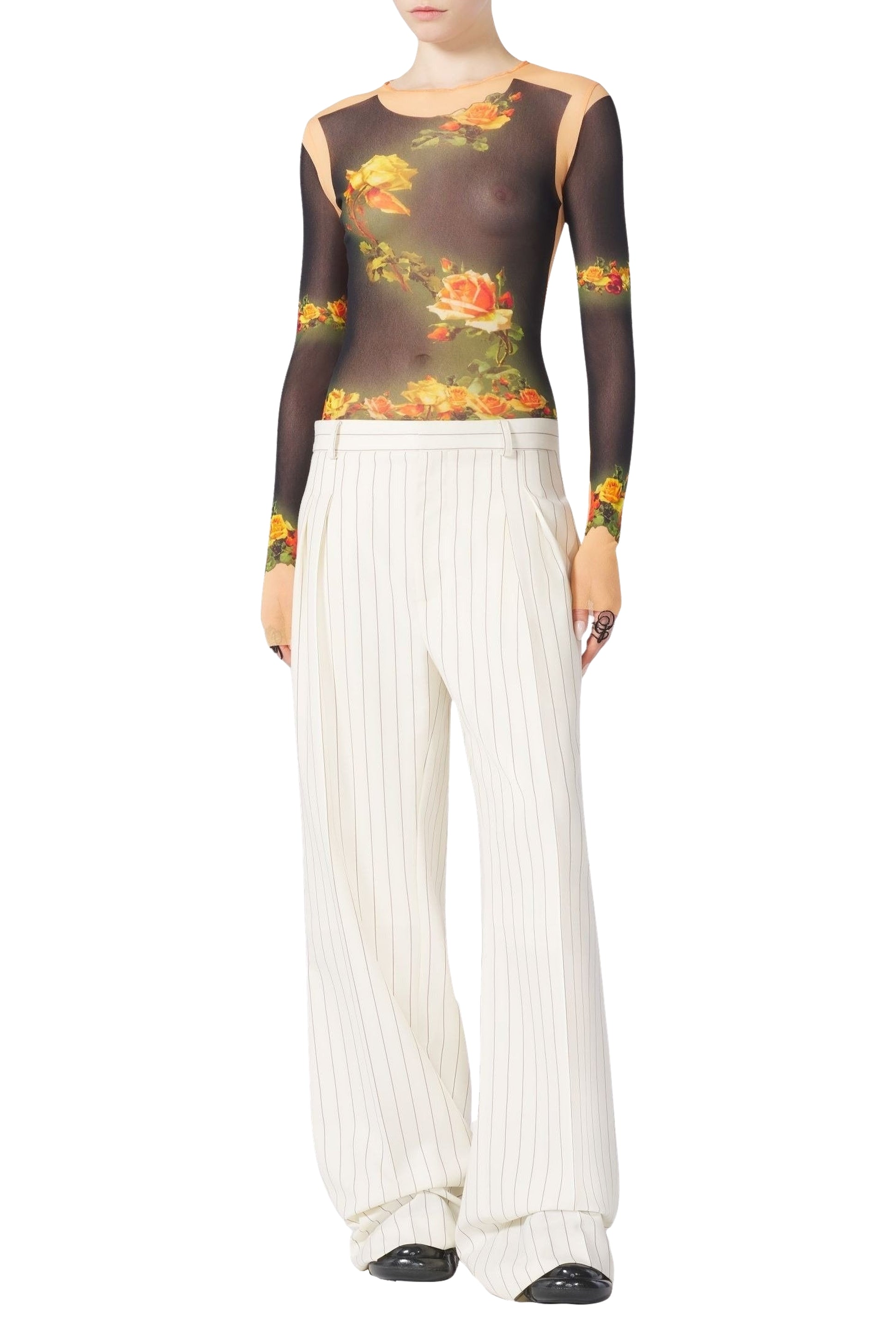 Unisex Flower print tulle top - Beige & Black