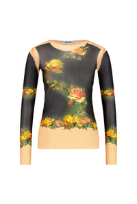 Unisex Flower print tulle top - Beige & Black