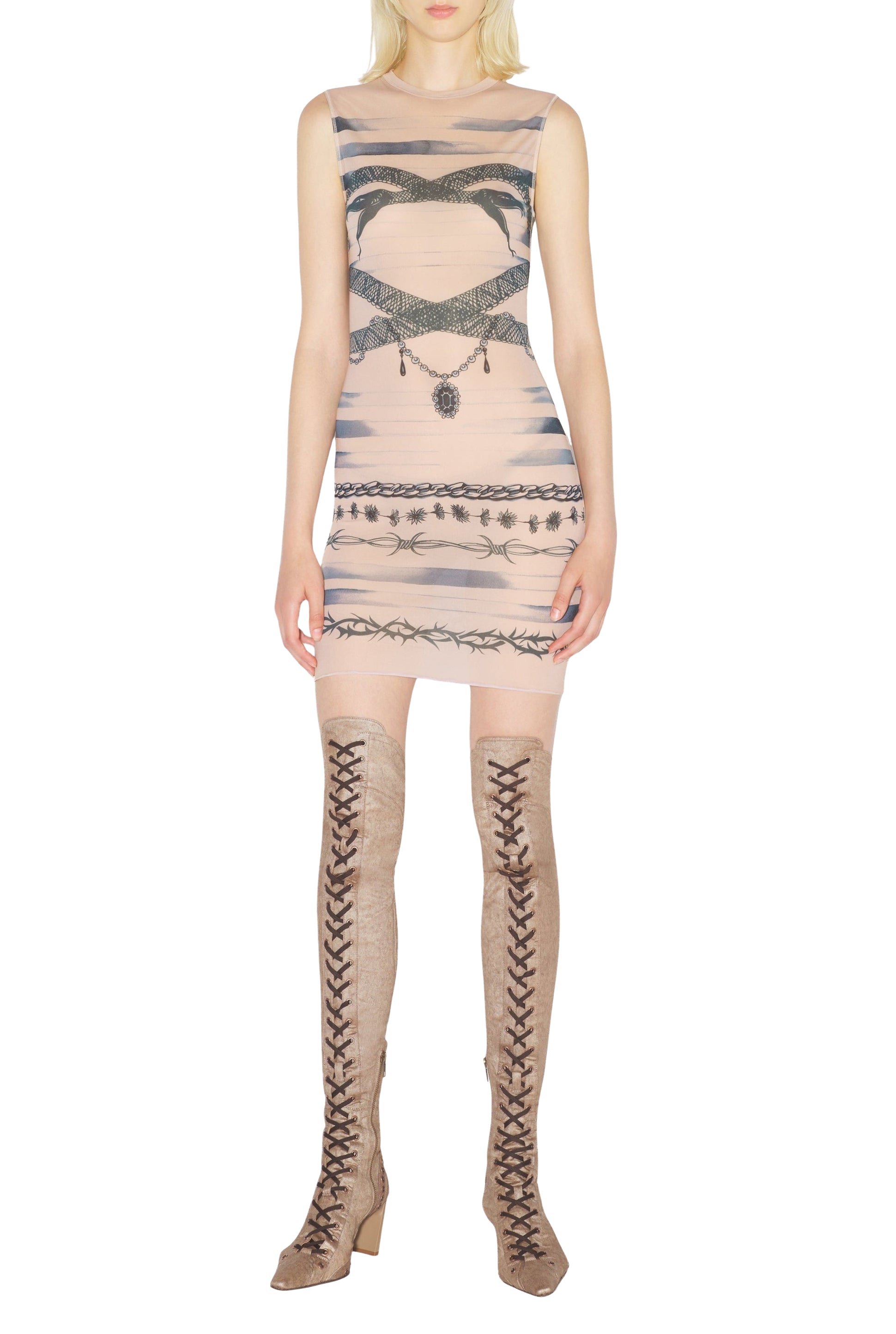 Robe courte JPG x Knwls imprimée en tulle - Nude & Grey & Black