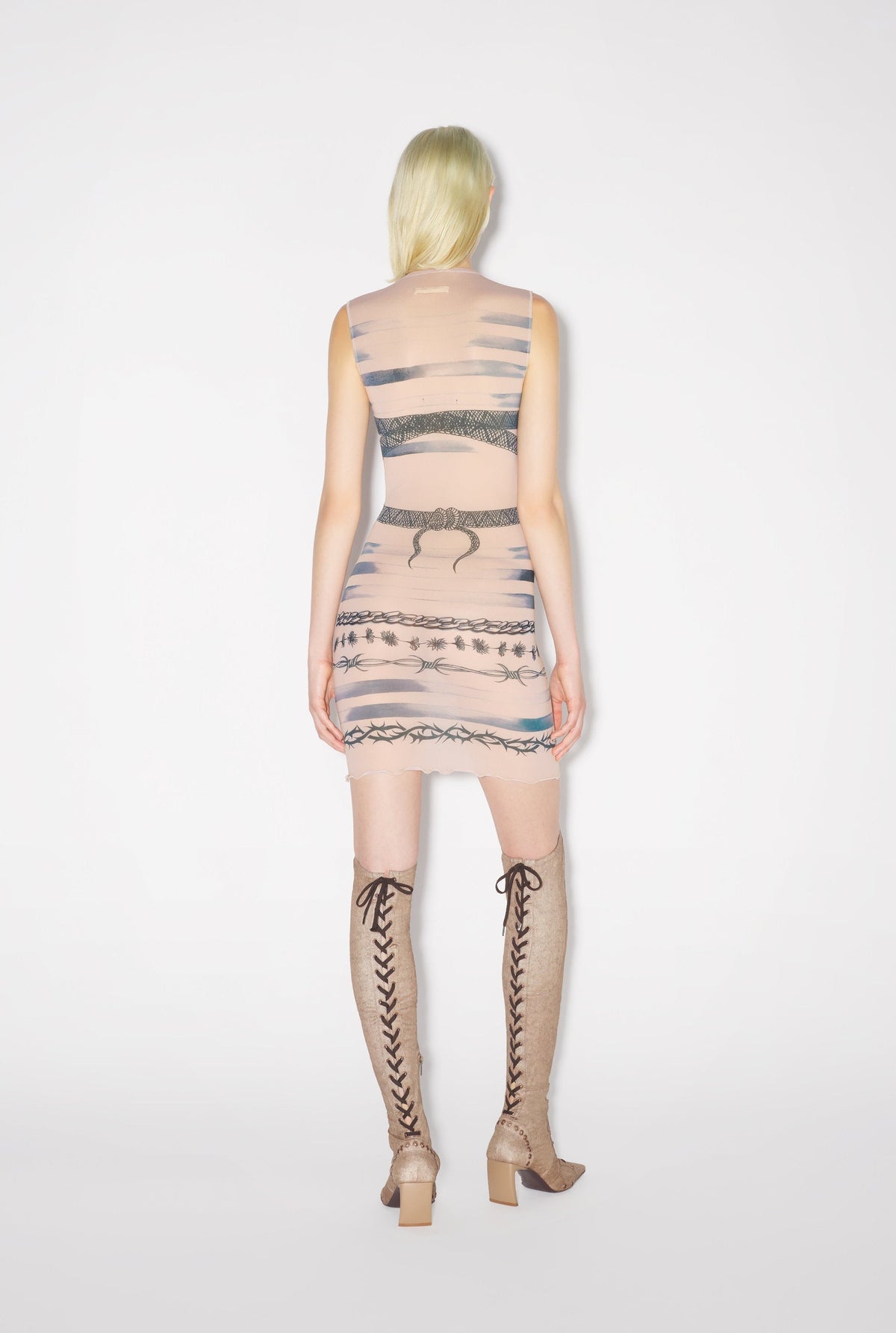 Robe courte JPG x Knwls imprimée en tulle - Nude & Grey & Black