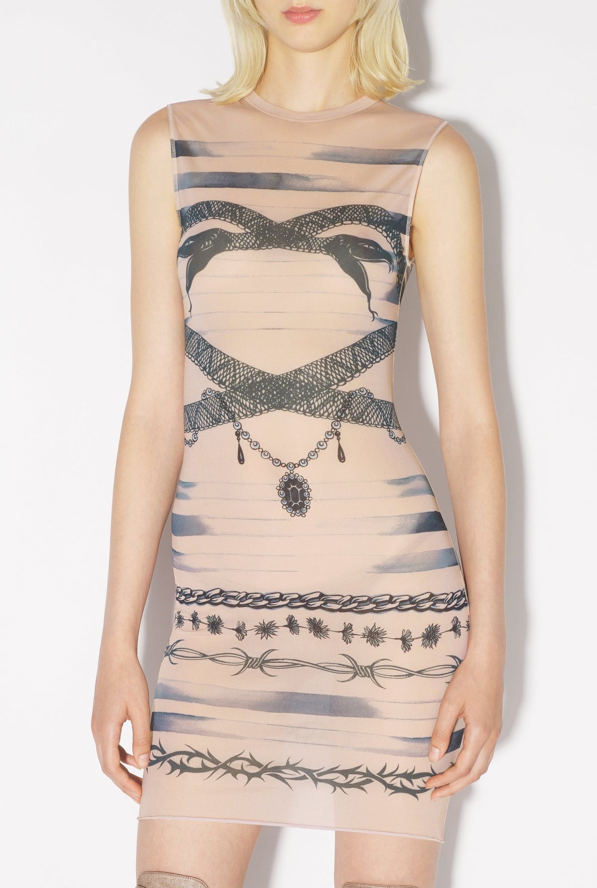 Robe courte JPG x Knwls imprimée en tulle - Nude & Grey & Black