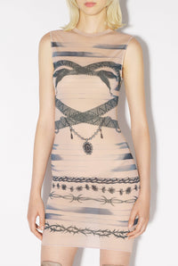 Robe courte JPG x Knwls imprimée en tulle - Nude & Grey & Black
