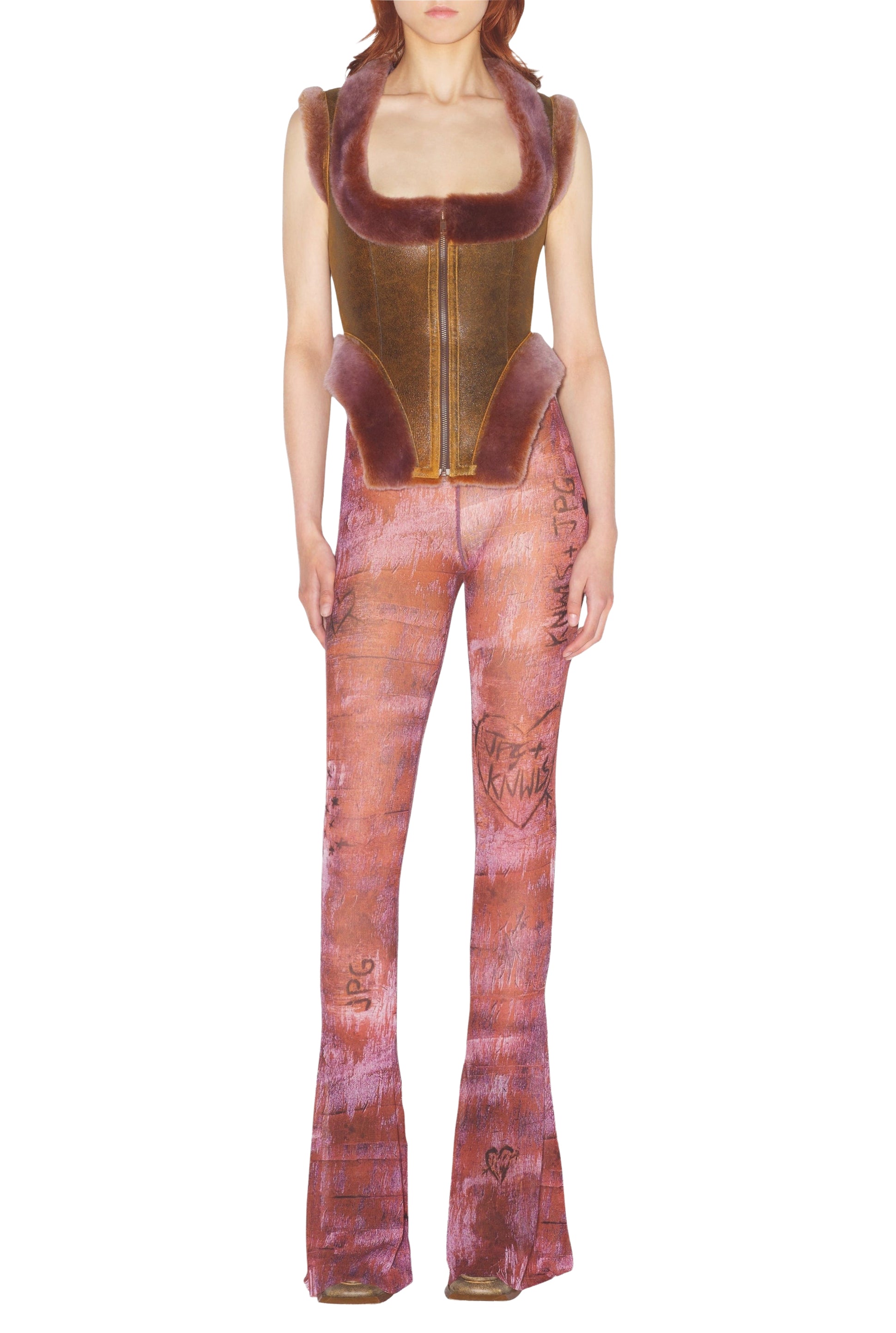 Corset JPG x Knwls zippé en cuir - Brown & Lila
