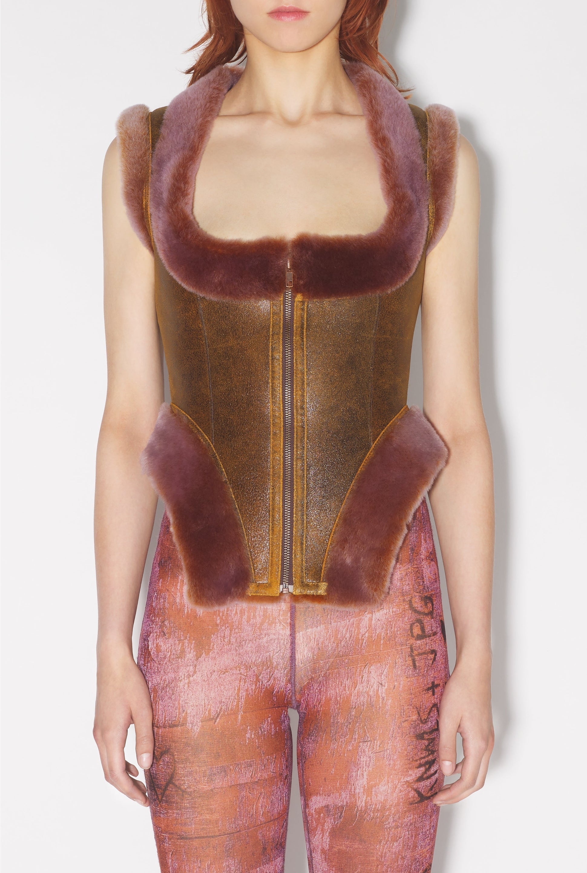 Corset JPG x Knwls zippé en cuir - Brown & Lila