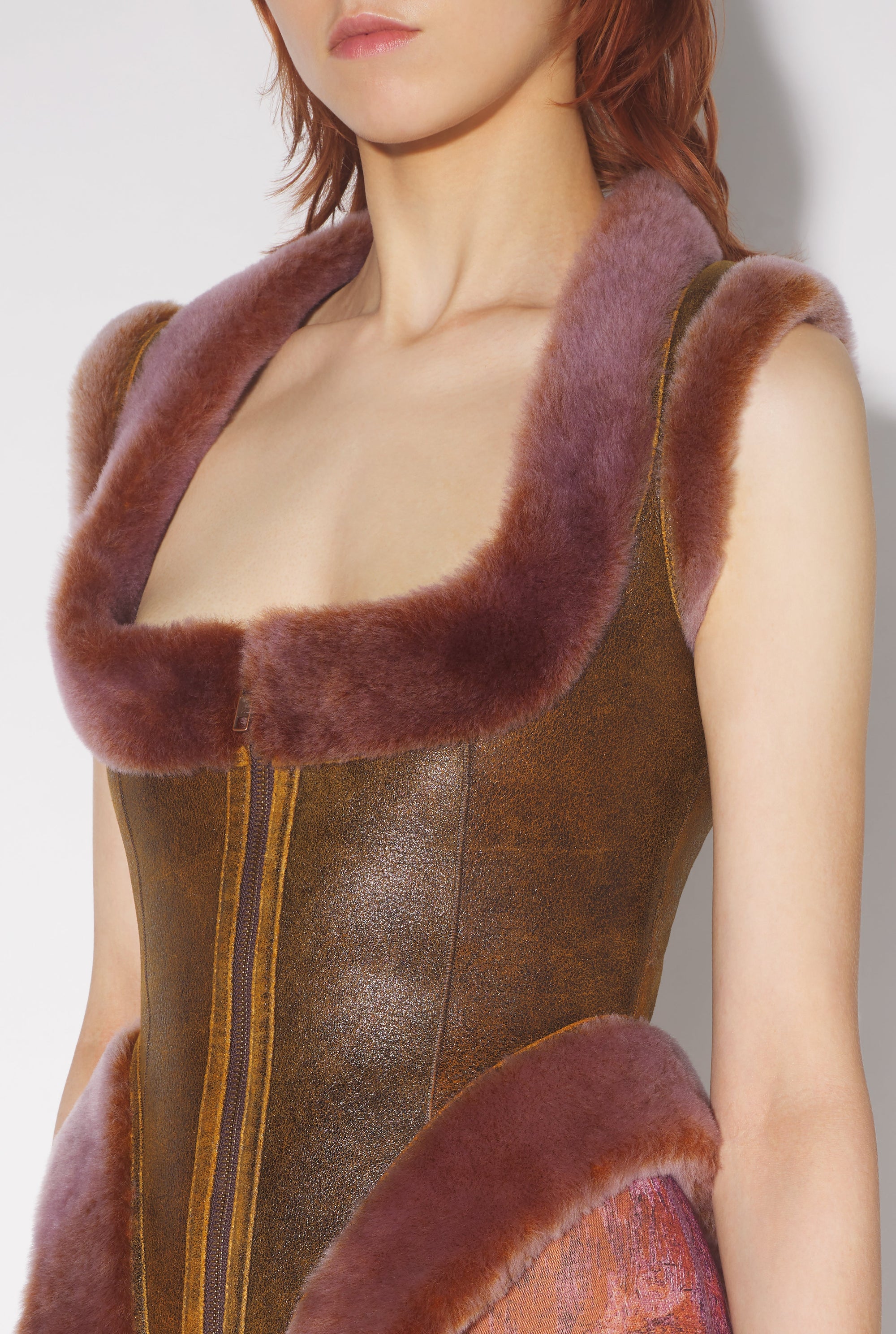 Corset JPG x Knwls zippé en cuir - Brown & Lila