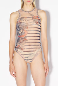 Body Tattoo marinière imprimé en tulle - Nude & Blue & Red