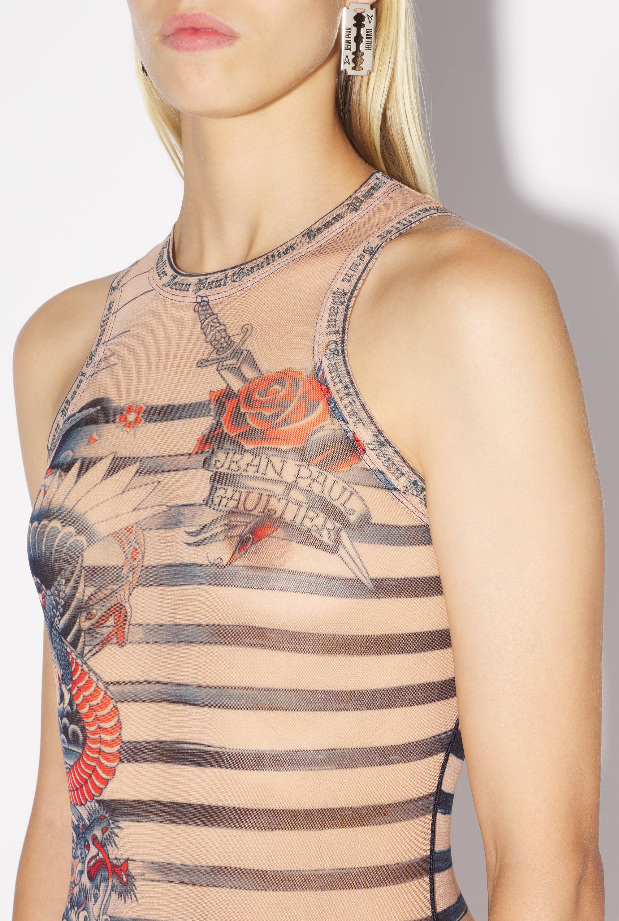 Body Tattoo marinière imprimé en tulle - Nude & Blue & Red