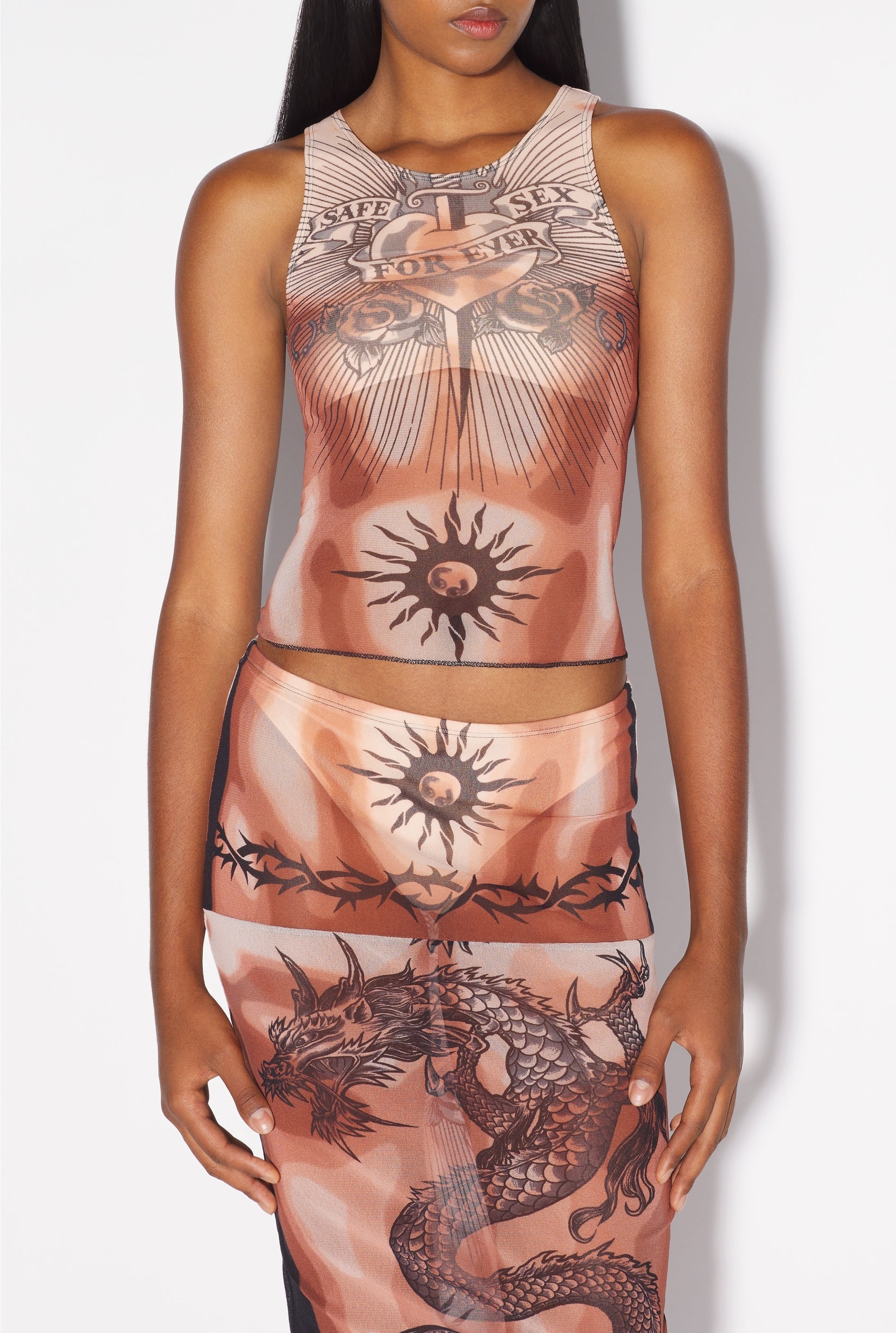 Débardeur Tattoo imprimé en tulle - Nude & Brown & Black