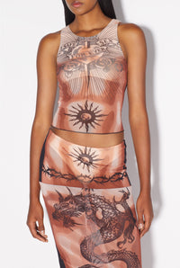 Débardeur Tattoo imprimé en tulle - Nude & Brown & Black