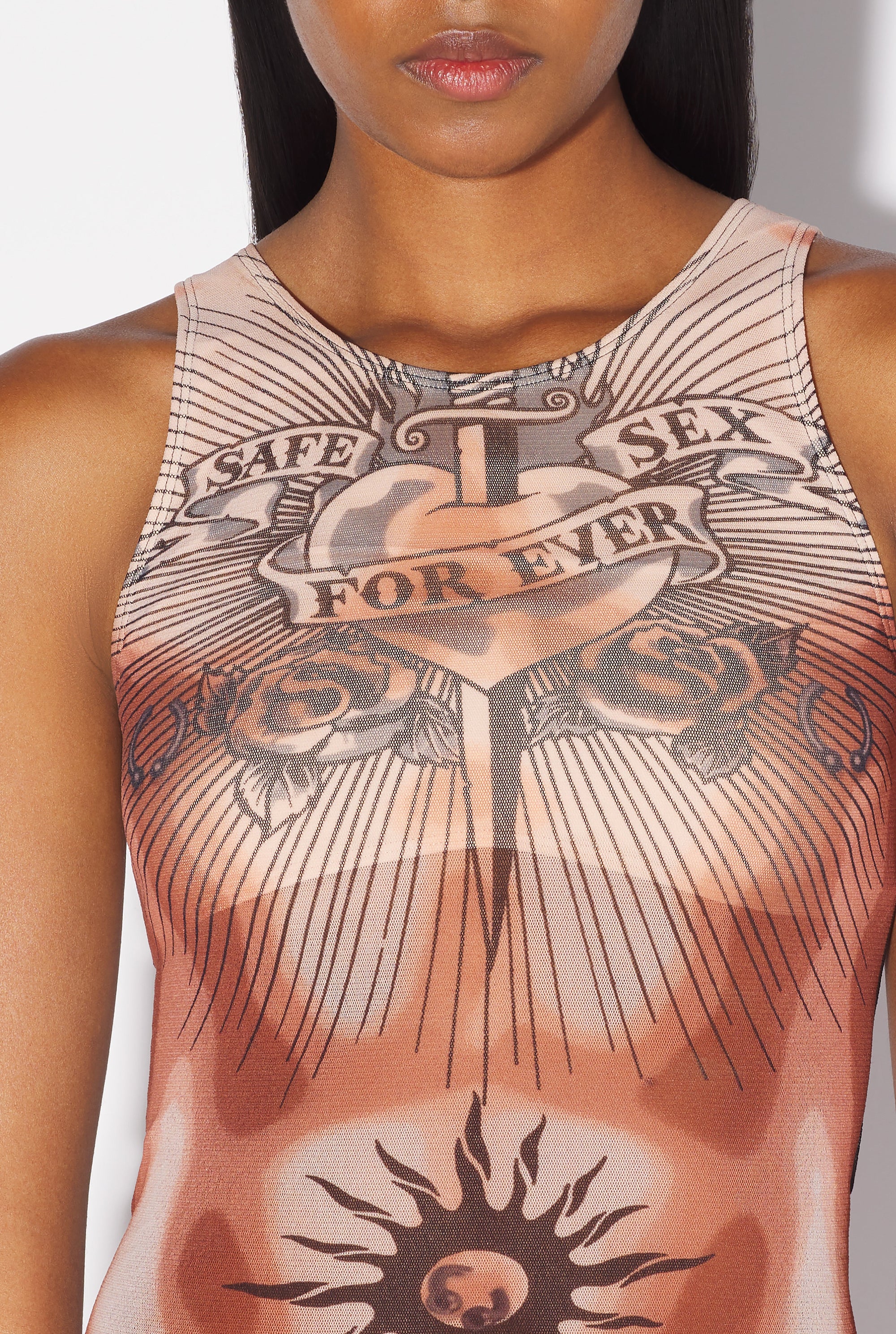 Débardeur Tattoo imprimé en tulle - Nude & Brown & Black