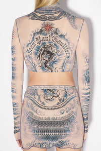 Jupe courte Tattoo imprimée - Nude & Blue & Red