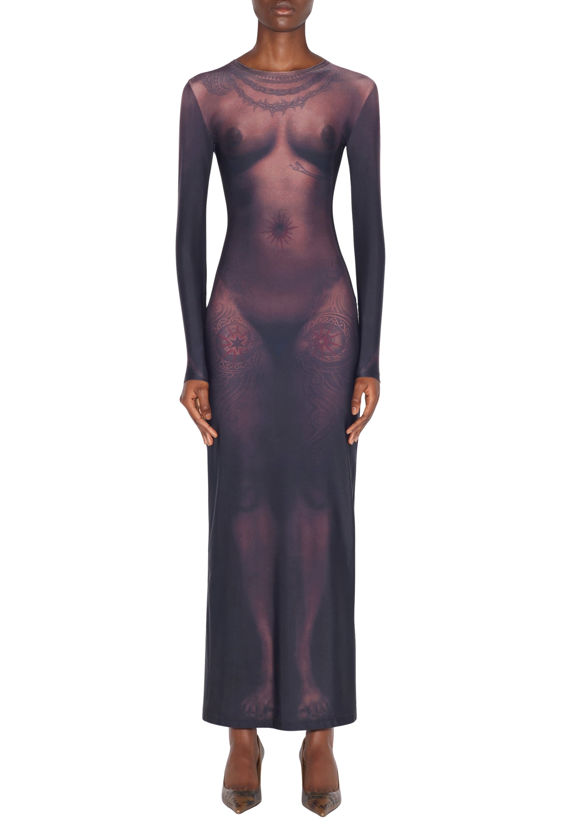 Robe longue Tattoo imprimée - Dark Nude
