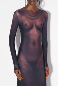 Robe longue Tattoo imprimée - Dark Nude