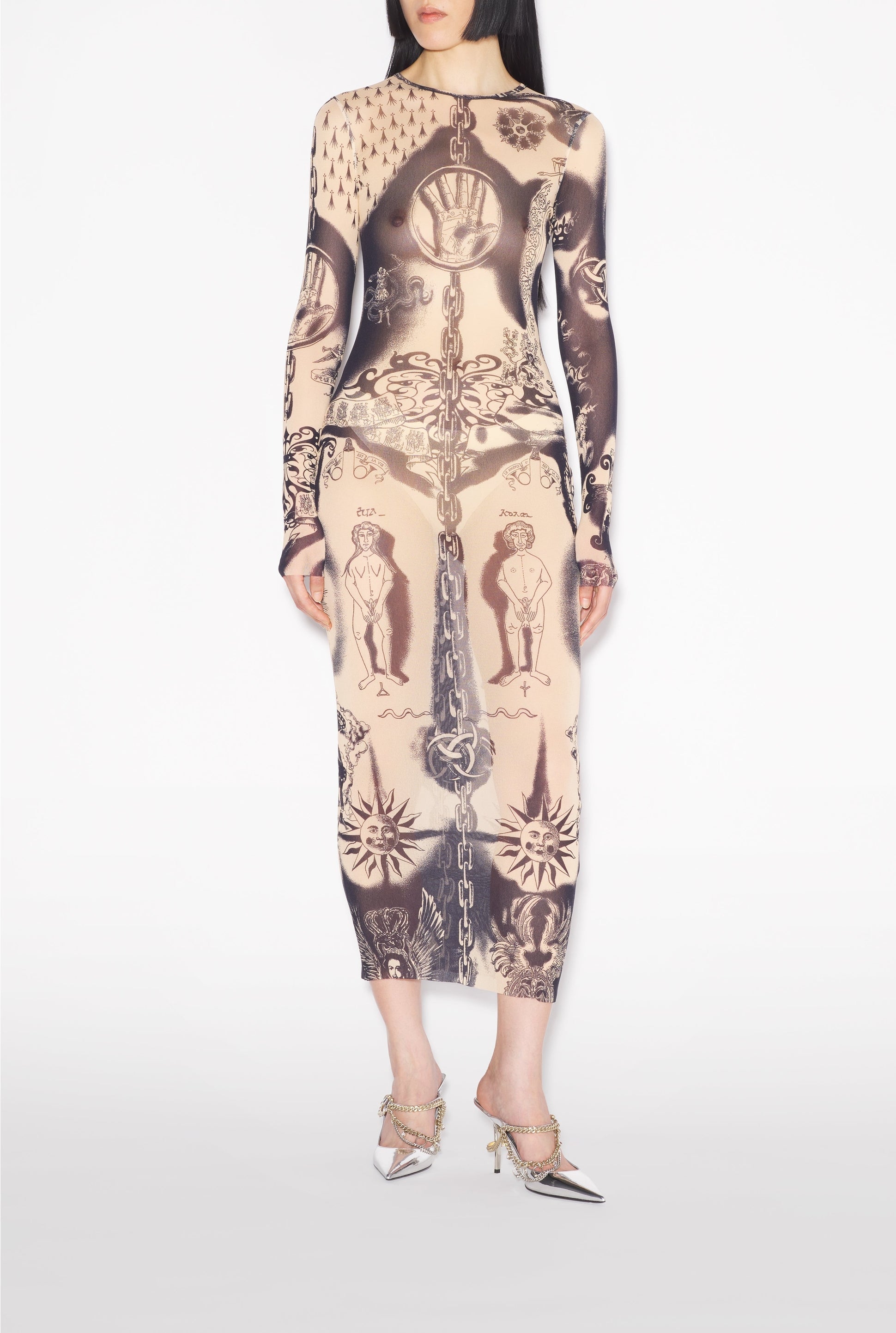 Robe longue Tattoo imprimée en tulle - Nude & Navy