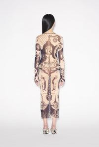 Robe longue Tattoo imprimée en tulle - Nude & Navy