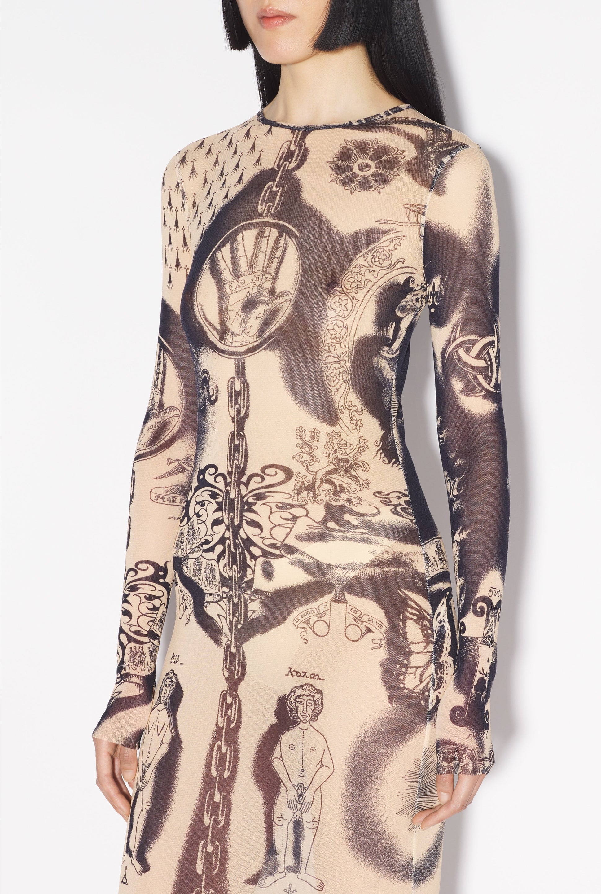 Robe longue Tattoo imprimée en tulle - Nude & Navy