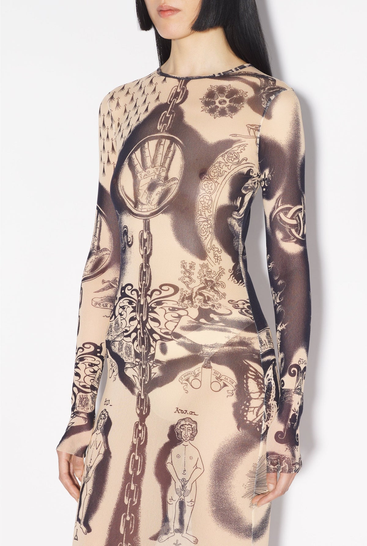 Robe longue Tattoo imprimée en tulle - Nude & Navy