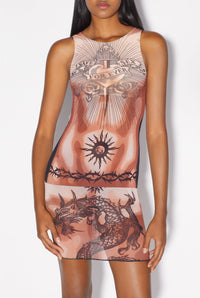 Robe courte Tattoo imprimée en tulle - Nude & Brown & Black