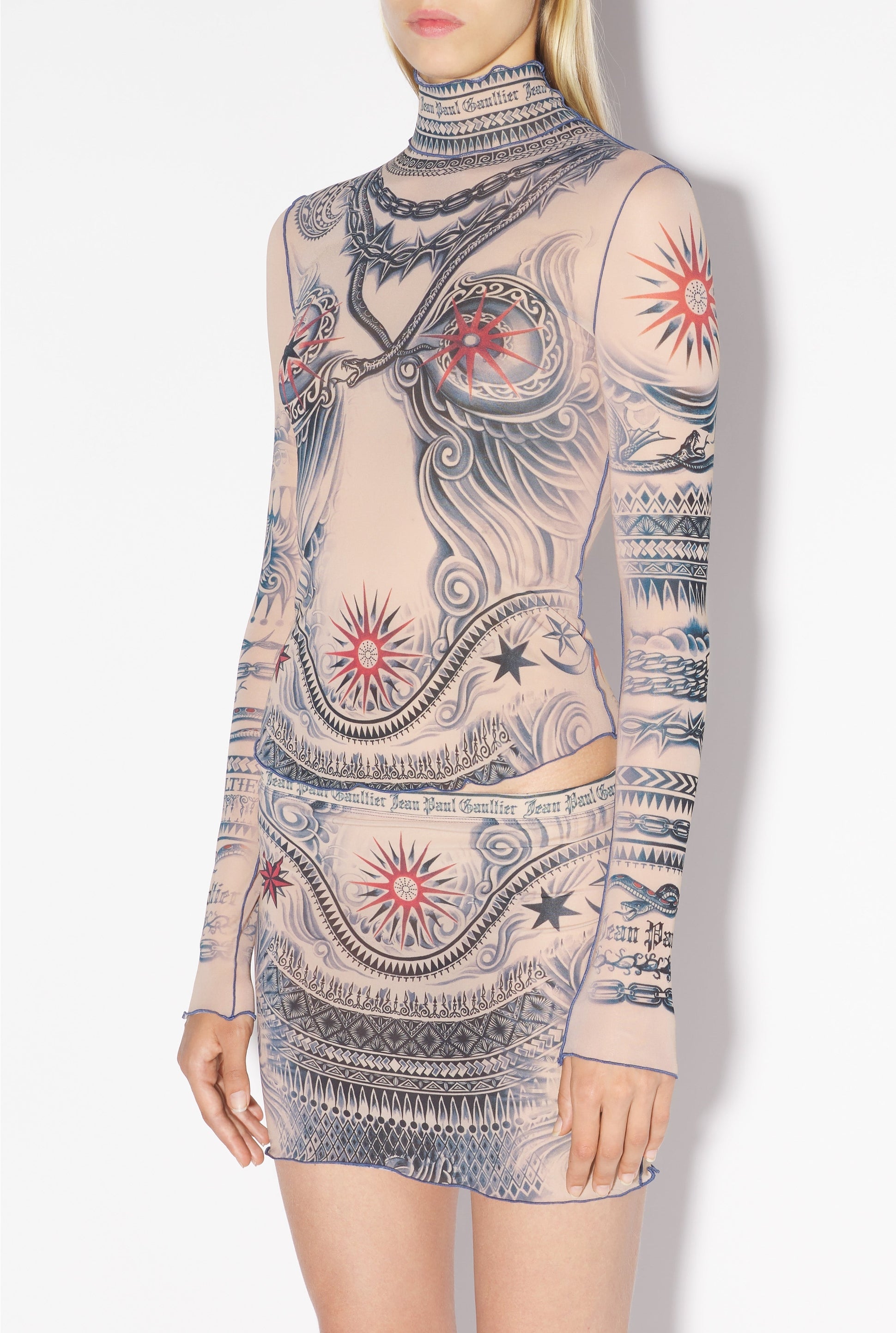Top Tattoo à col roulé imprimé - Nude & Blue & Red
