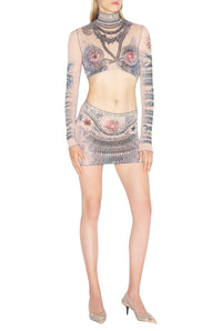 Tattoo print crop top - Nude & Blue & Red