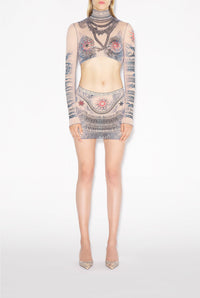 Tattoo print crop top - Nude & Blue & Red