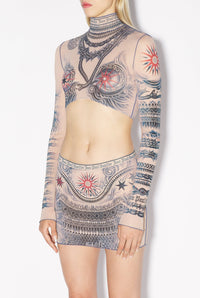 Tattoo print crop top - Nude & Blue & Red