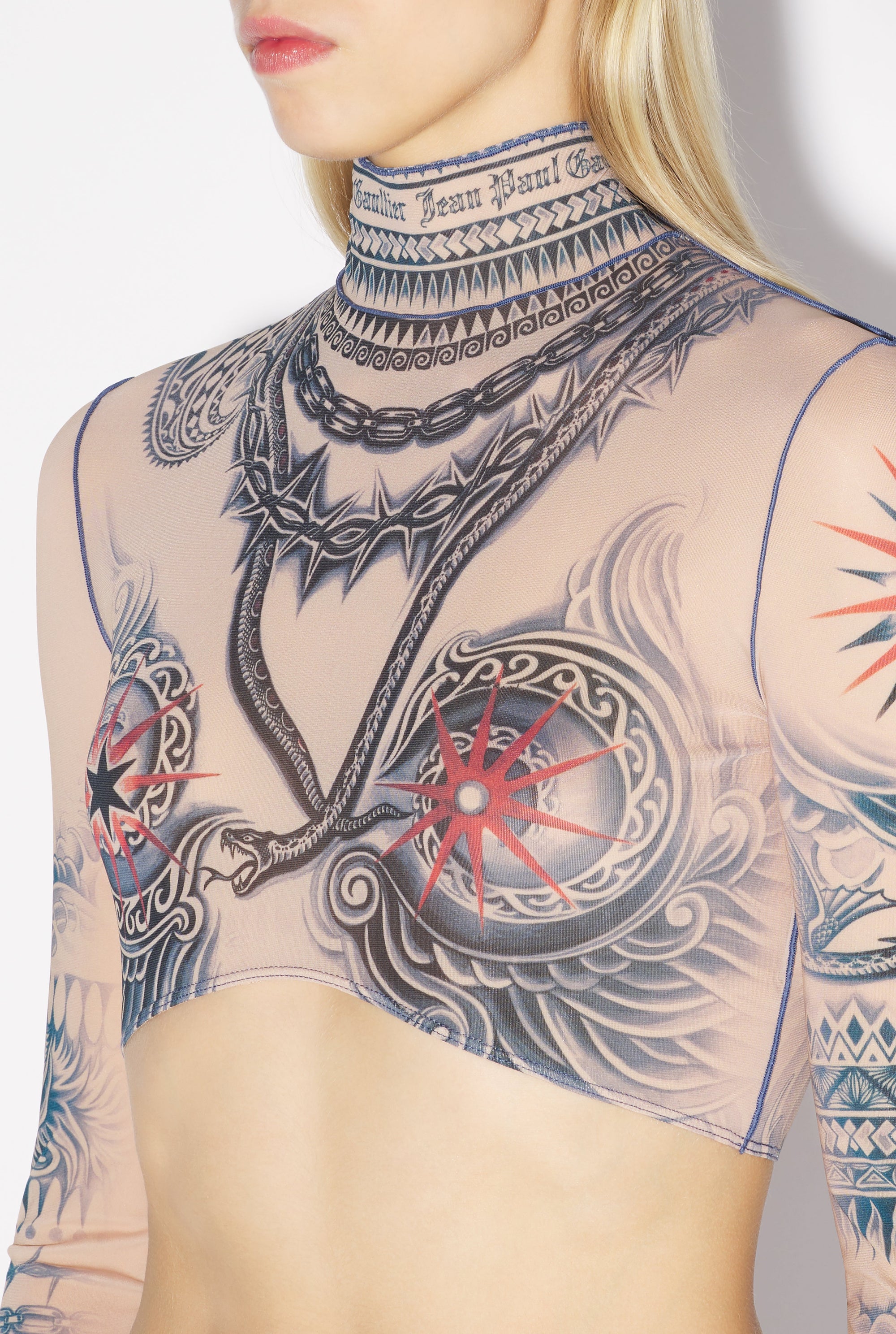 Tattoo print crop top - Nude & Blue & Red