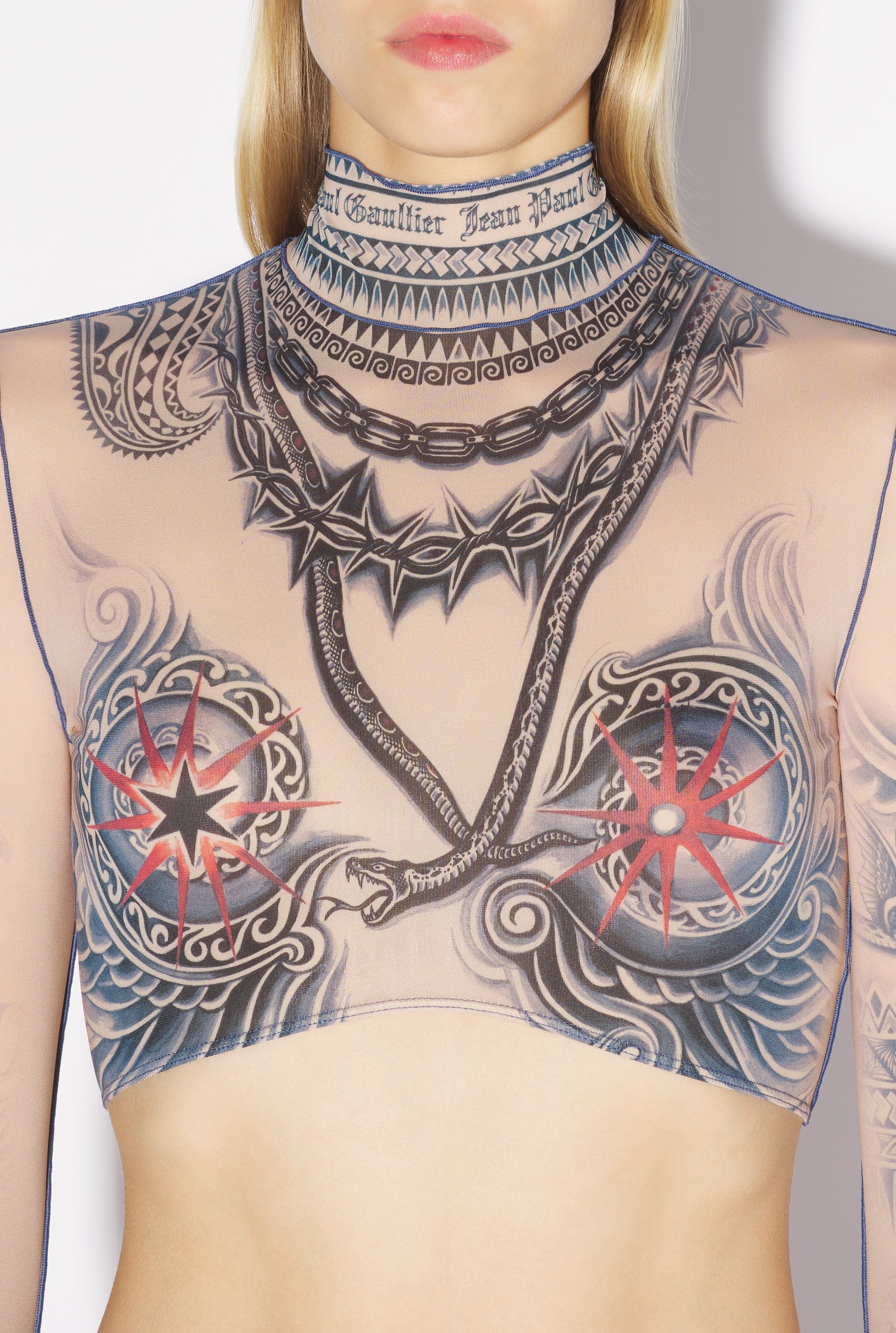 Tattoo print crop top - Nude & Blue & Red
