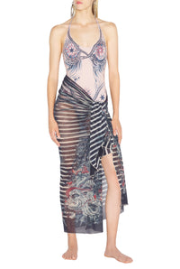 Paréo unisexe Tattoo marinière en tulle - Navy & Blue & White