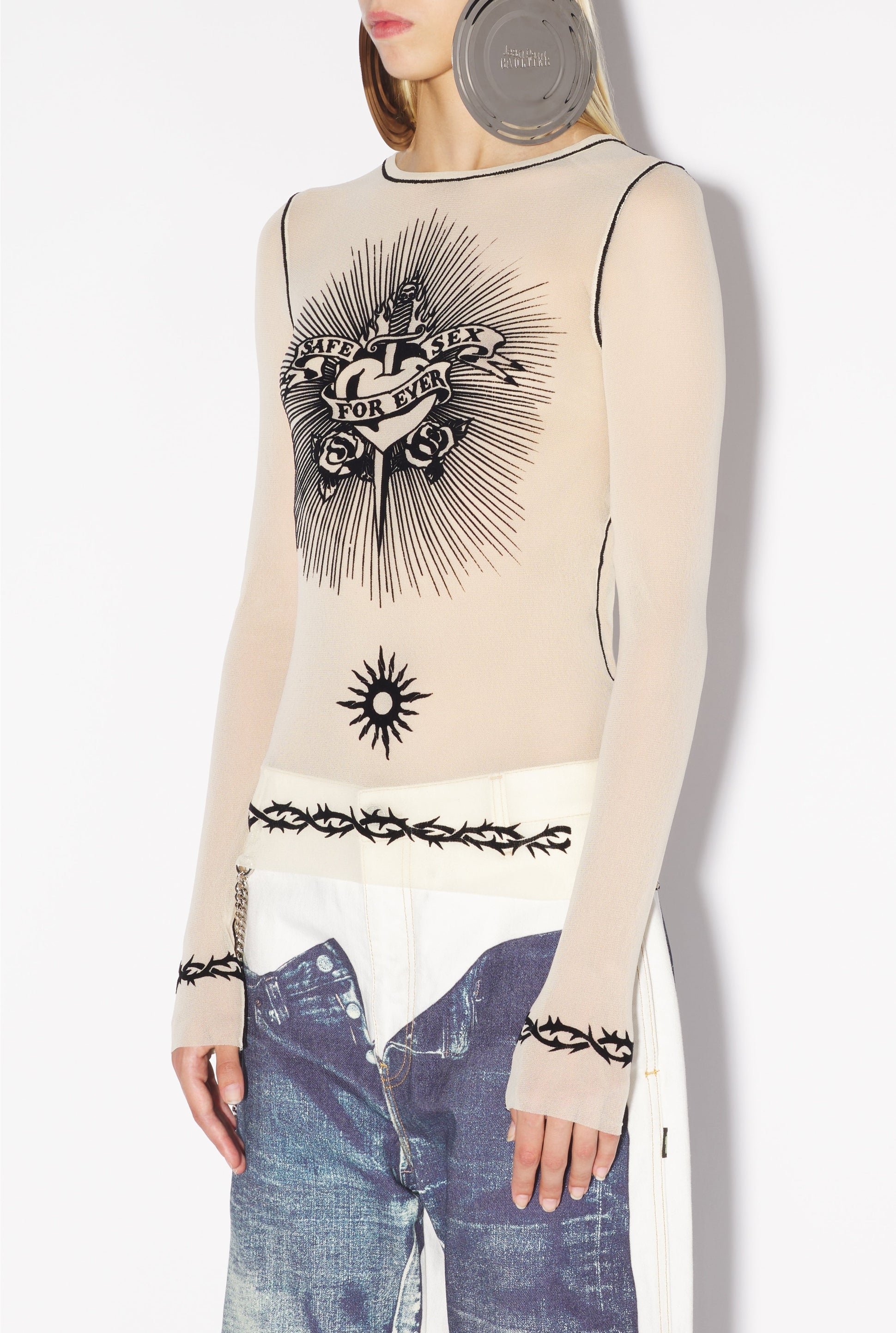 Top Tattoo imprimé en tulle - Nude