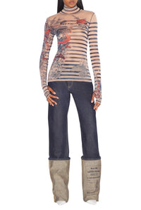 Unisex tulle printed sailor tattoo top - Nude & Blue & Red